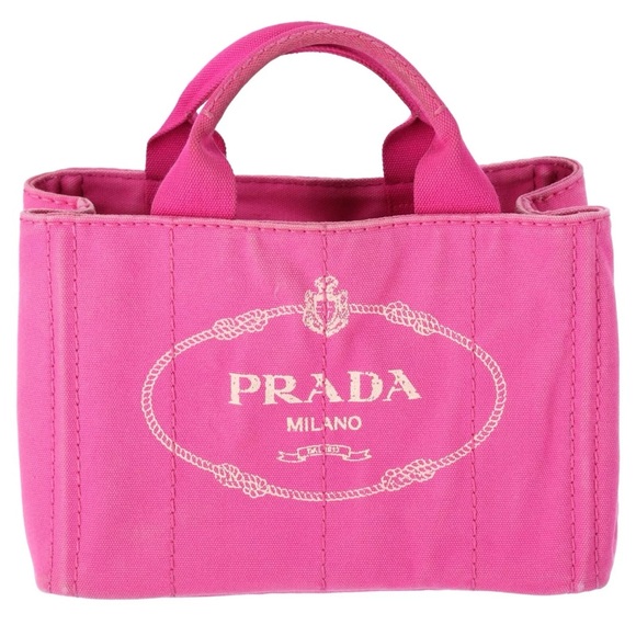 PRADA Canapa Small Canvas Tote Bag Pink Logo - Picture 1 of 10